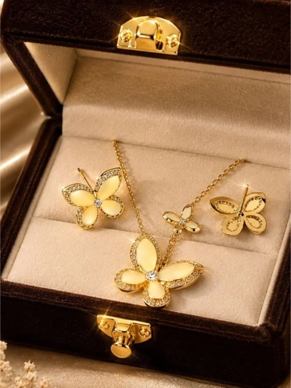Gold Butterfly Necklace and Stud Earrings - Cream Accents